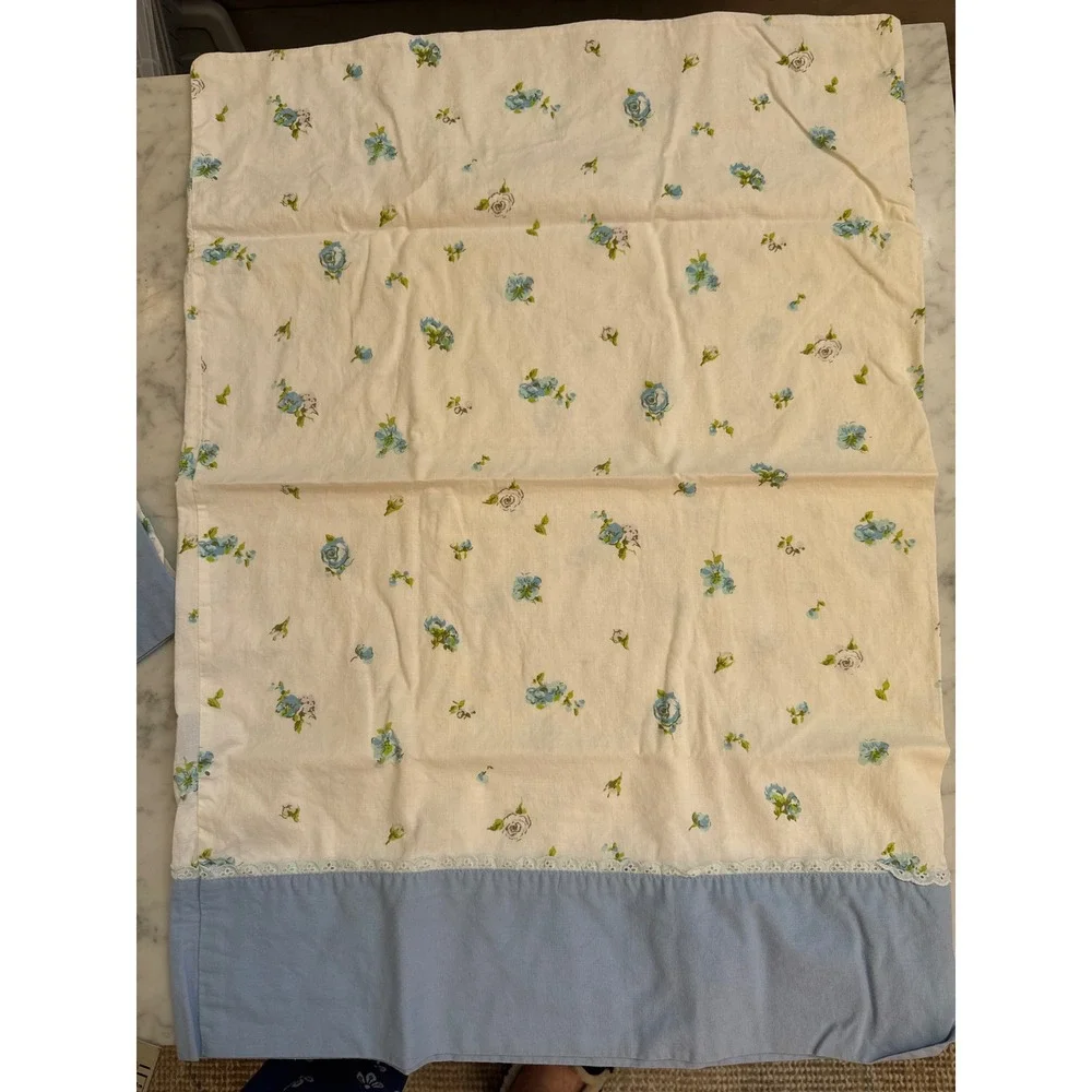 Vintage Sears Roebuck Blue Floral Full Flat Sheet 2 Pillowcases Cotton Muslin